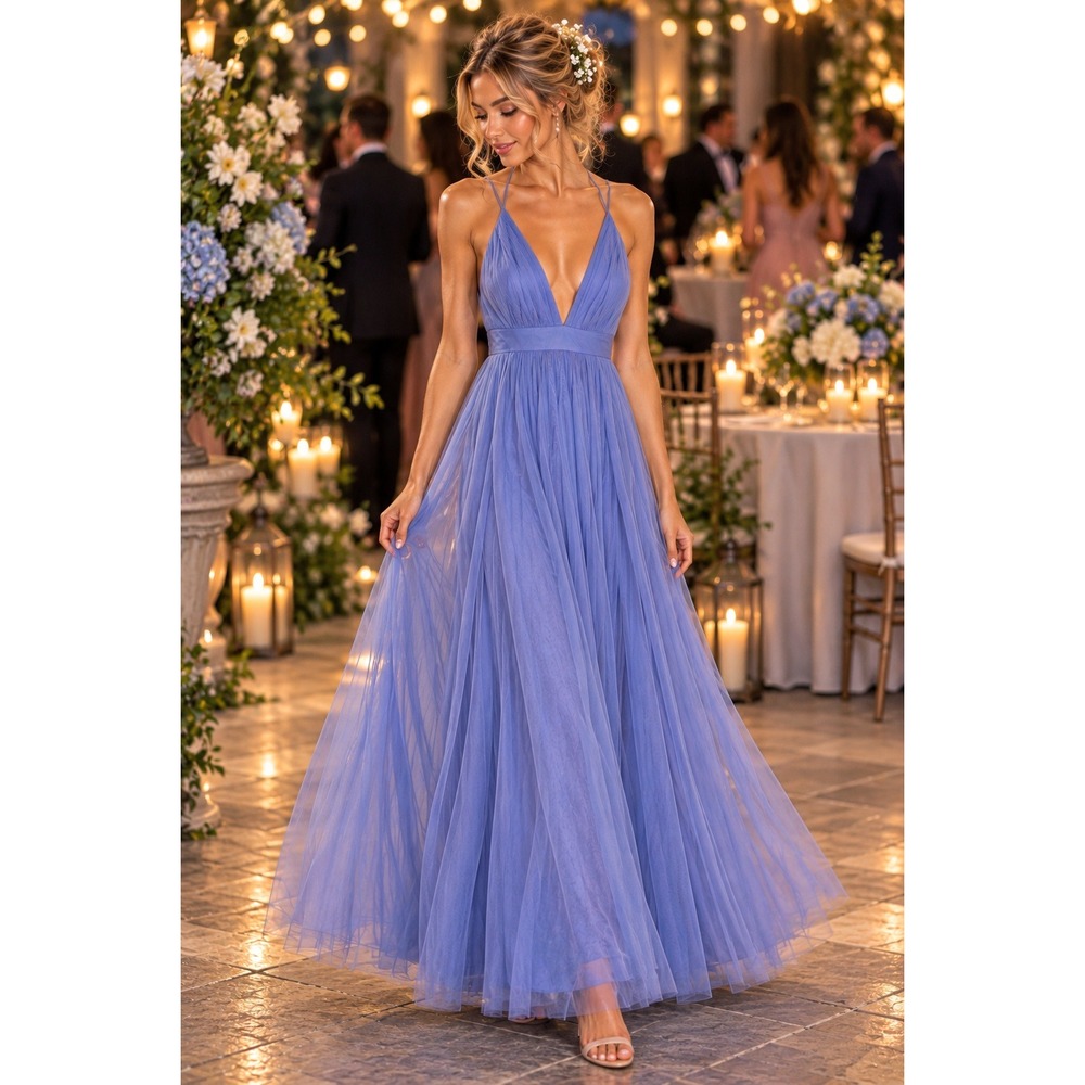 Windsor Periwinkle Purple Tulle Maxi Dress XSmall Halter Formal Gown Fairy #1704